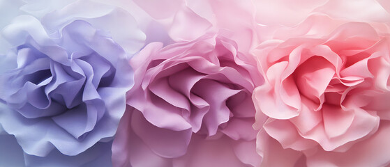 Panoramic close-up of layered fabric flower petals in dusty purple, blue, and rose pink, an elegant background for fashion, website banners, and print advertisements.