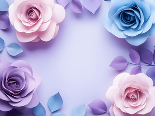 Paper flower frame design with dusty purple, blue, and pink roses and leaves, perfect for website banners, fashion layouts, advertisements, and print invitations., background