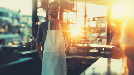 Confident barista wearing apron stands in a cozy cafe, warmly lit by bright morning or evening sunlight.