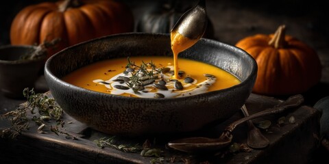 Steaming Bowl of Autumn Pumpkin Soup Close-Up