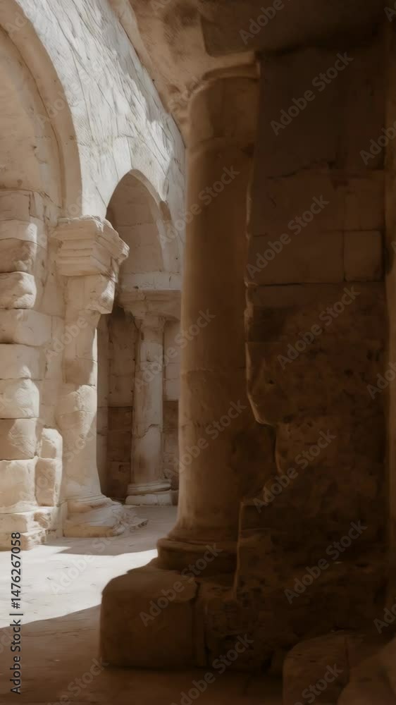 Poster interior view of ancient building with stone arches and columns lit by sunlight streaming through op