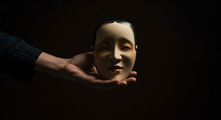Ancient Noh mask held gently revealing serene beauty timeless elegance