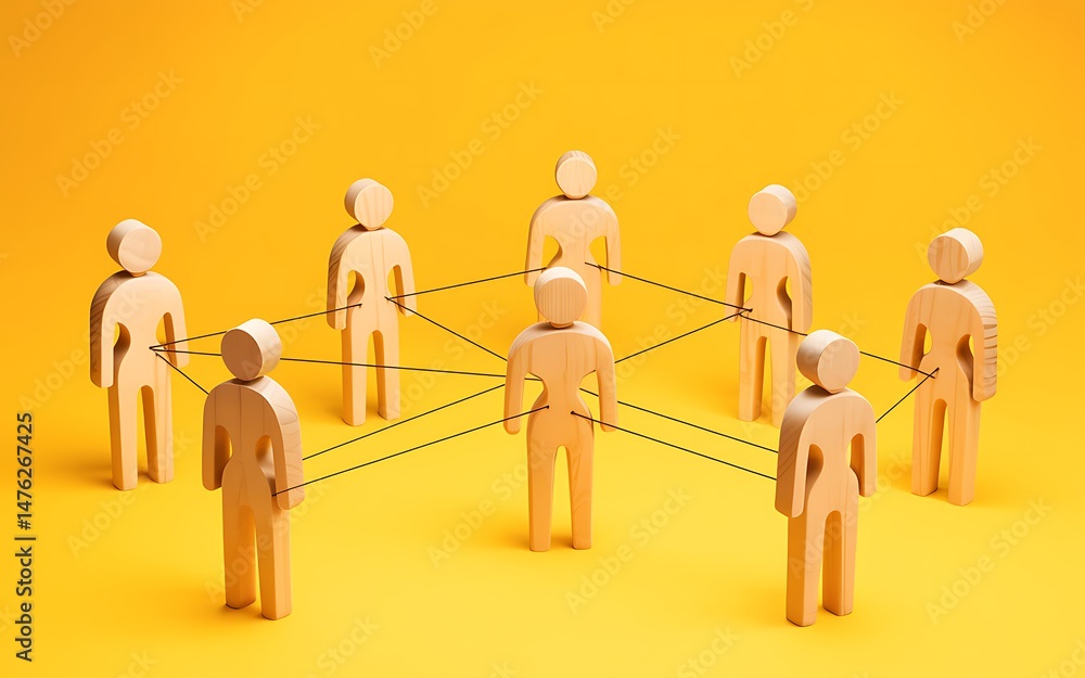 Poster networking and connection conceptual image of wooden figures interconnected, representing collaborat
