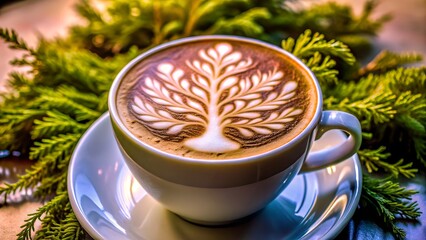 Beautiful Tree-Shaped Latte Art on a White Surface