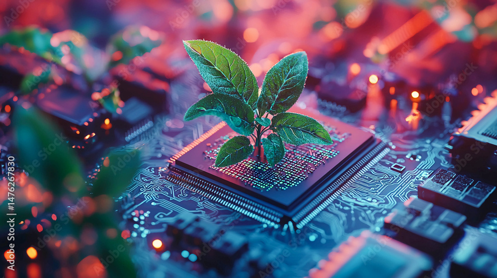 Poster a close-up of a microchip with a small green sprout growing from its center. the chip is located on 