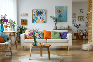 Bright Scandinavian living room design with colorful decor and natural light enhancing a cozy atmosphere