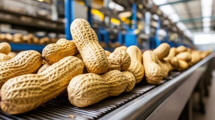 Peanuts moving on conveyor belt at factory close up food processing line perspective view healthy snack production industry