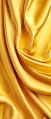 Vibrant golden silk satin fabric background texture displaying dramatic diagonal folds and radiant shine, excellent for creating impactful fashion displays and online banners with sharp focus