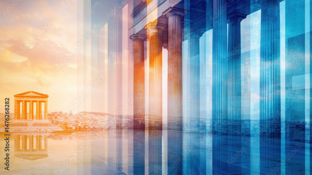 Poster stunning architectural view featuring ancient columns and vibrant sunset, creating serene and reflec
