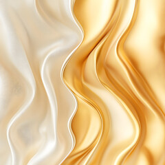 Dynamic abstract golden silk satin fabric background with contrasting light and dark areas and flowing wavy textures, ideal for striking fashion prints and advertisement visuals with highly detailed