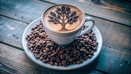 Latte Coffee with Beautiful Tree Design - White Background