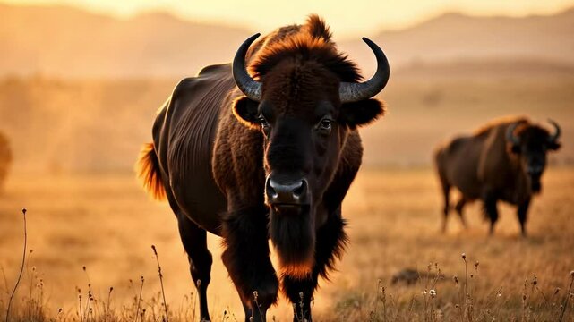 Wild bison herd grazing in savannah grassland under natural sunlight in their native habitat