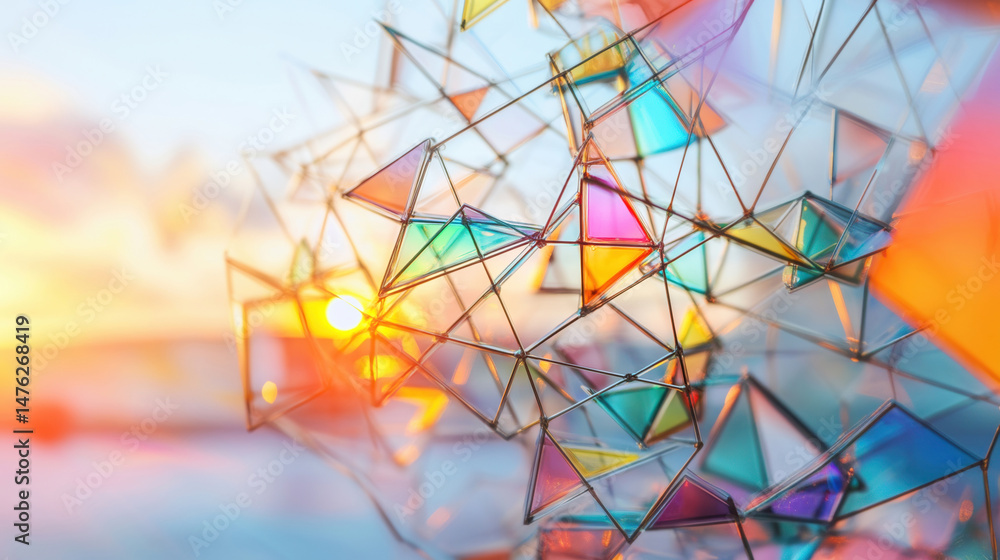 Poster abstract glass structure with colorful triangular panes reflecting sunset light, creating a vibrant 
