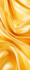 Intense vibrant golden silk satin fabric background featuring dynamic, dramatic folds and a captivating glossy sheen, excellent for eye-catching fashion and advertisement banners with ultra
