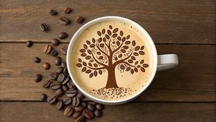 Latte Art Coffee with Tree Design - Isolated on White