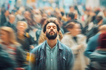Man Practicing Mindfulness to Manage Sensory Overload in a Busy Urban Environment