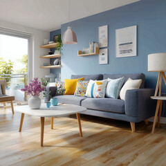 Obraz premium Vibrant and cozy contemporary living room design with blue walls and stylish decor