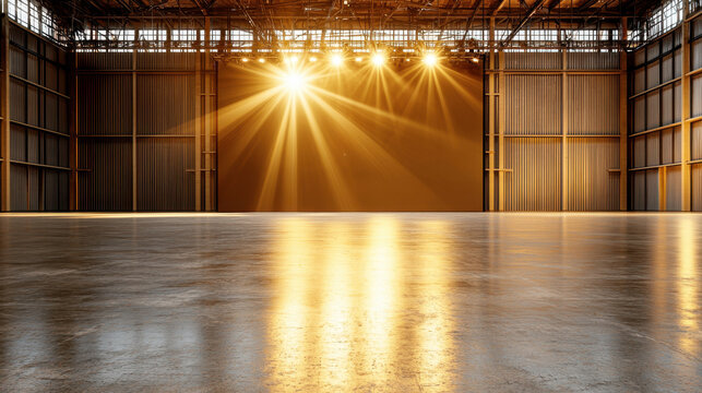 Spacious industrial venue with polished concrete flooring and dramatic lighting creates inviting atmosphere for events