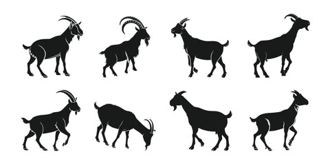 Set of wild goat animal silhouette on white background.