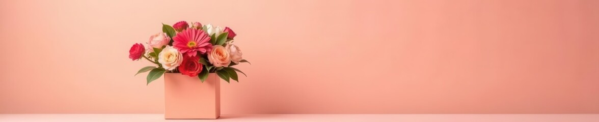 Muted peach backdrop, flowers bursting from a small gift box, dynamic floral arrangement , bloom, explosion