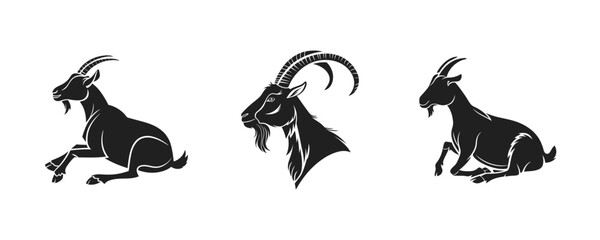 Black silhouette of goat isolated on white background.