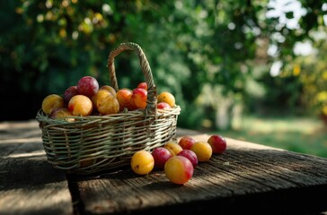 Freshly Harvested Plums in a Woven Basket on a Wooden Table Surrounded by Lush Greenery and Natural Light in a Serene Outdoor Setting
