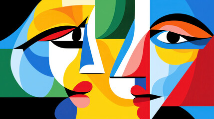 Colorful abstract art featuring two faces with geometric shapes and vibrant colors, evoking emotion and creativity