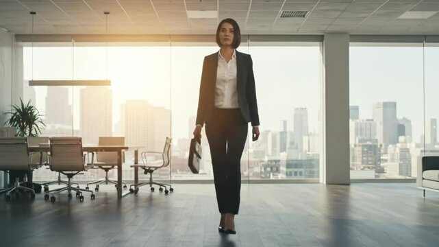 Confident Businesswoman Striding in Modern Office