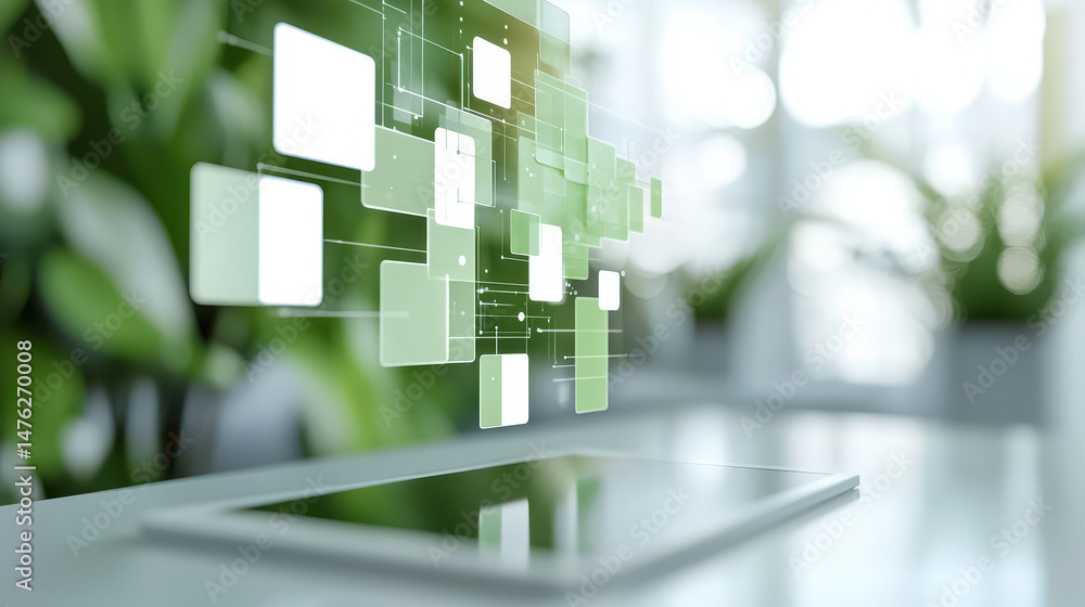 Poster digital tablet with floating green data squares, representing technology and innovation in modern wo