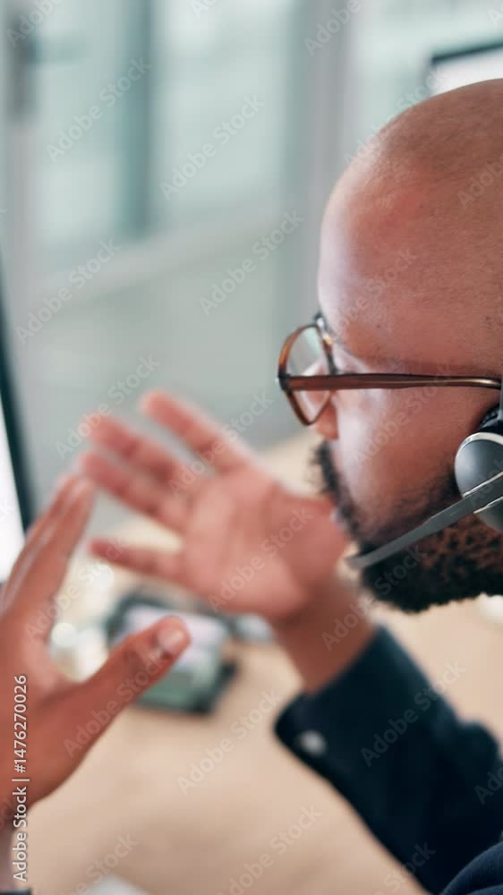 Aufkleber Customer service, talking and man on computer screen for tech support, contact us or help with software back up. IT consultant, headset and African person in call center for troubleshooting solution