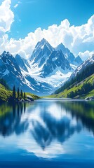 Naklejka premium Mountain lake reflection majestic peaks under azure sky