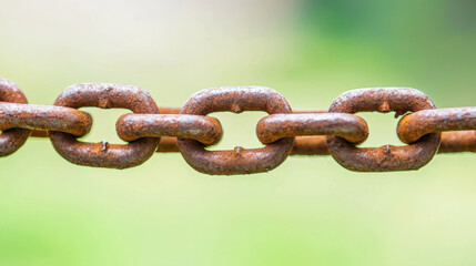 Fototapeta premium Rusty chain links create strong visual impact, showcasing texture and age against blurred green background