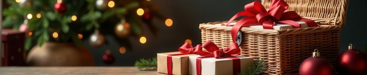 Oversized wicker hamper, lavish paper-wrapped gifts, festive food , luxury, winter, ribbon