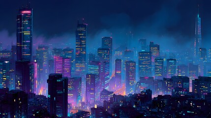 Obraz premium Futuristic Nighttime Cityscape with Illuminated Buildings and High-Tech Atmosphere