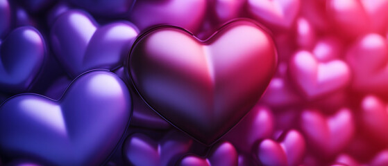 Abstract romantic background with numerous shiny heart shapes in vibrant pink and purple colors, suitable for Valentine's Day banners, fashion, advertisement, and print media