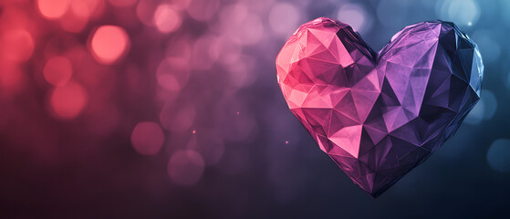 Abstract crystal heart shape with glowing pink and violet light particles on a dark bokeh background, perfect for website background or banner, fashion, advertisement, print applications.