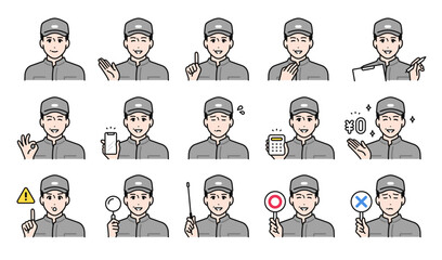 帽子を被ったミドル世代の男性作業員の様々なビジネス表情バリエーション