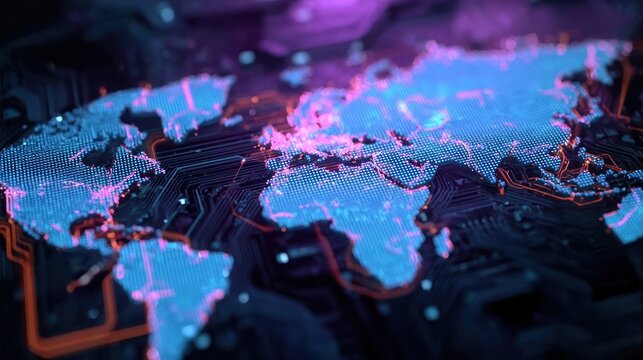 Digital world map on circuit board