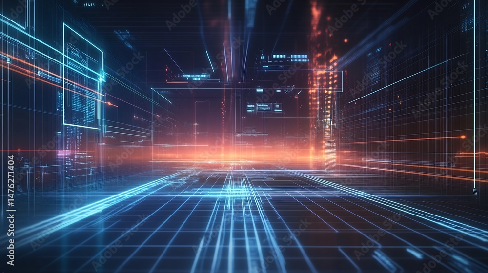 Poster digital futuristic hud background with holographic overlays and interface grids sci fi tech concept 