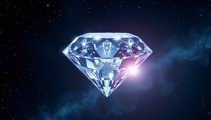 Quantum Diamond Floating in Space A hyper-realistic diamond with a crystalline structure embedded with quantum circuits, floating in deep space