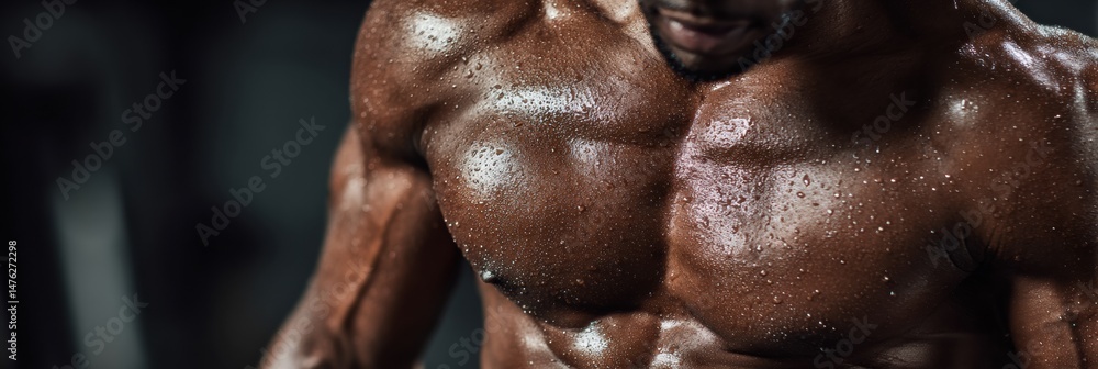 Poster close-up of a bodybuilder torso with oiled shine in a blurred gym background showcasing intense fitn