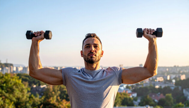 Man lifting dumbbells outdoors at sunrise with cityscape background