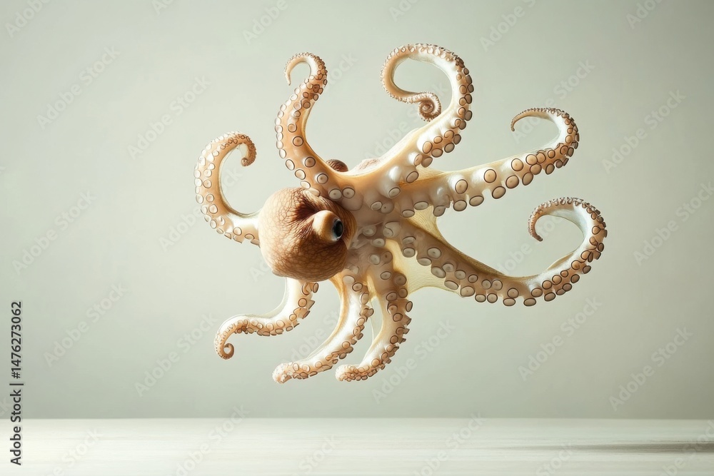 Poster octopus floating in studio shot with curled tentacles and neutral background in eye level view