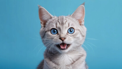 Obraz premium Cute cat looking cheerful isolated blue color