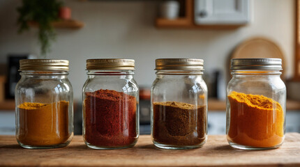 Jars of spices on the table in the kitchen