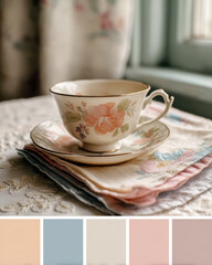 Fototapeta premium Floral teacup with embroidered napkins stacked on lace tablecloth