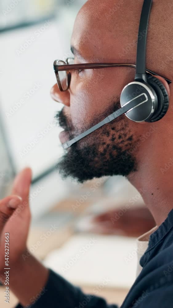 Aufkleber call center, businessman and customer service on headset for feedback, virtual assistant and crm hel