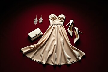 Obraz premium Elegant champagne dress ensemble on crimson backdrop