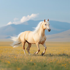 Palomino horse running with field, and mountains.