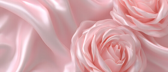 Fototapeta premium Light soft pale pastel pink roses on draped silk satin fabric background, romantic banner for website, fashion, advertisement, and print projects.
